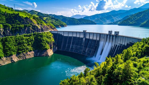 Large dam releasing water into river amid lush green mountains and bright sky.
