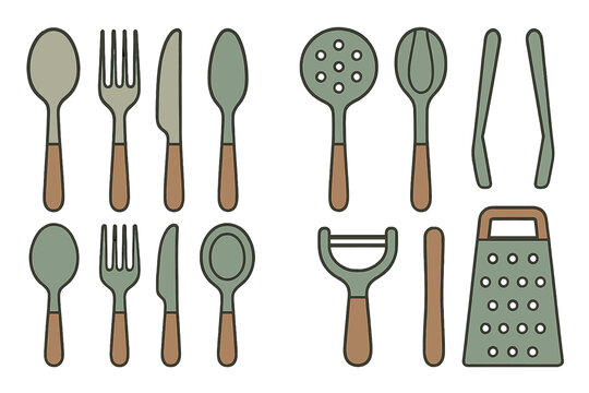 Collection of kitchen tools and dining cutlery including spoons forks knives grater and ladle