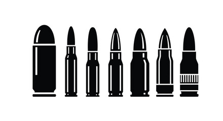 A collection of various ammunition types displayed in a simple black and white style