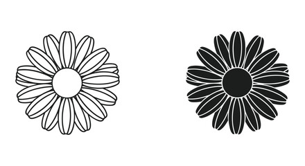 Stylized black and white daisy flower icons: one outlined, one solid fill, minimalist vector graphic design element.