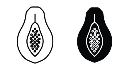 Papaya fruit outline and solid icon set. fresh tropical fruit symbol with seeds, healthy food vector.