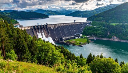 Large dam releasing water into river amid lush green mountains and bright sky.