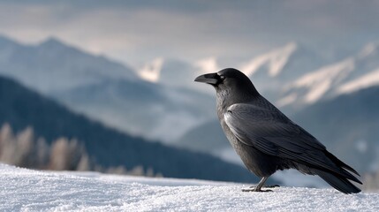 A black crow is standing on a snowy mountain