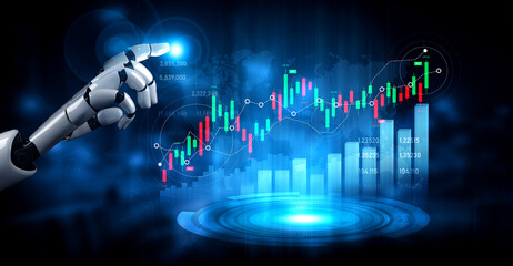 A futuristic robotic hand interacts with dynamic financial data, illustrating stock market trends in a digital landscape, showcasing advancements in finance technology. Scalp