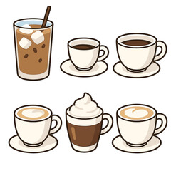 Obraz premium Collection of six different hot and cold coffee drinks in cups and glasses on white background