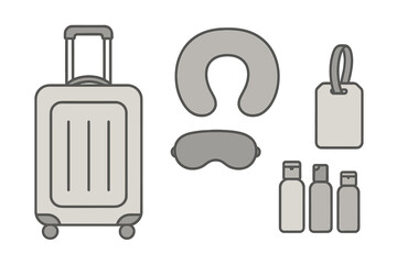 Obraz premium Travel accessories set including suitcase, neck pillow, sleep mask, and toiletry bottles