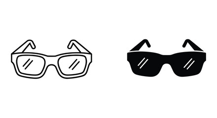 Fototapeta premium Outline and solid black sunglasses vector icons representing eye protection, fashion, vision correction and style.