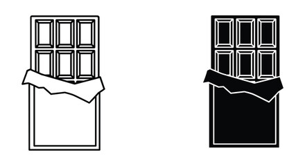 Outline and solid silhouette icons of a partially unwrapped chocolate bar, a sweet dessert confectionery product.