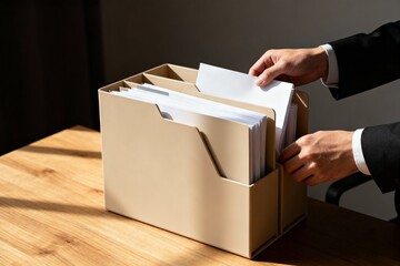 Business professional organizing documents in a modern file holder on a wooden desk, showcasing efficient workspace management and attention to detail