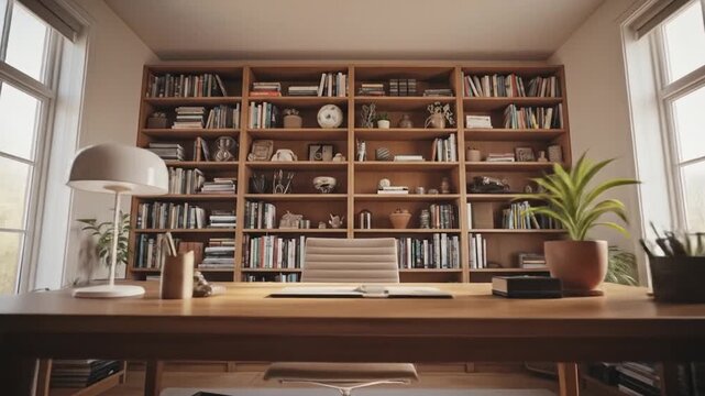 Elegant Home Office and Study Space with Bookcases and Natural Light for Remote Work