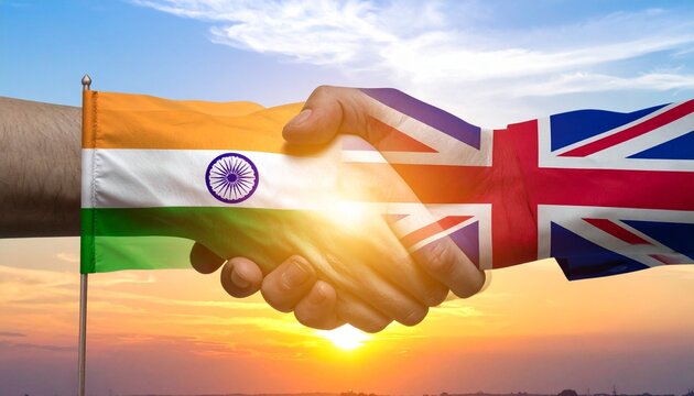 Handshake between India and UK flags at sunrise, symbolizing diplomatic partnership and cultural unity.
