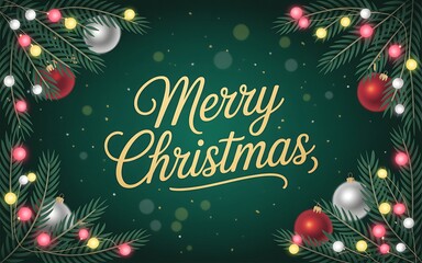 Merry christmas text with festive decorations and lights isolated on transparent background