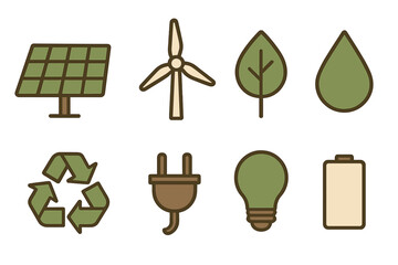 Ecological and renewable energy icons featuring solar panel, wind turbine, recycling, and battery symbols