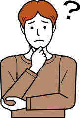 正面向き。あごに手をあて悩み顔のTシャツの若い男性。