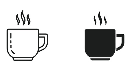 Steaming hot drink cup icon set: outline and filled black mug symbols for coffee tea beverage and more