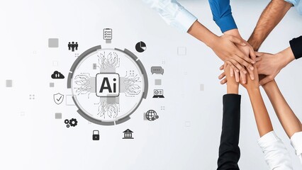 Obraz premium Diverse hands unite around a central theme of artificial intelligence, embodying teamwork and collaboration in a modern business environment with technology symbols. Raster