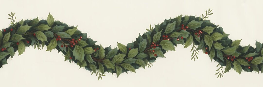 Wavy green leafy garland with red berries isolated on transparent background - Powered by Adobe