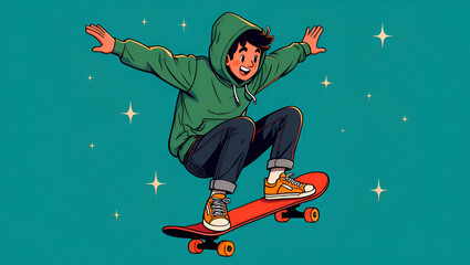 Young person in green hoodie joyfully skateboarding with arms outstretched and stars in the background, capturing a vibrant sense of motion and youthful energy, Generative AI