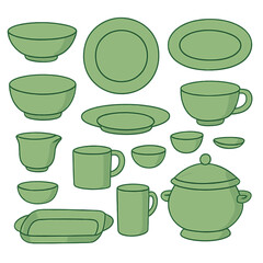 Assortment of green ceramic tableware set featuring plates bowls mugs and serving dishes