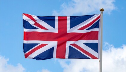 Union Jack flag glowing in sunlight against cloudy sky and mountain backdrop.