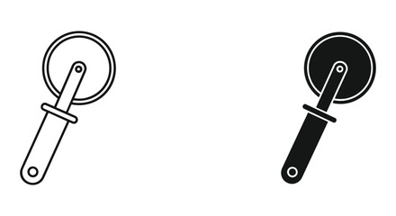 Pizza cutter wheel icon set. kitchen utensil for slicing pizza, dough, and pastry. outline and solid silhouette vector illustration.