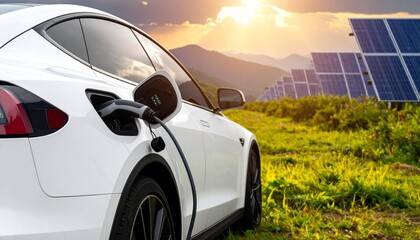 White electric car charging outdoors with solar panels and mountain backdrop at golden hour.