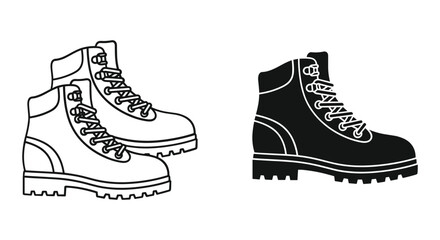 Hiking and work boot outline and silhouette icon vector illustration set for outdoor and safety use