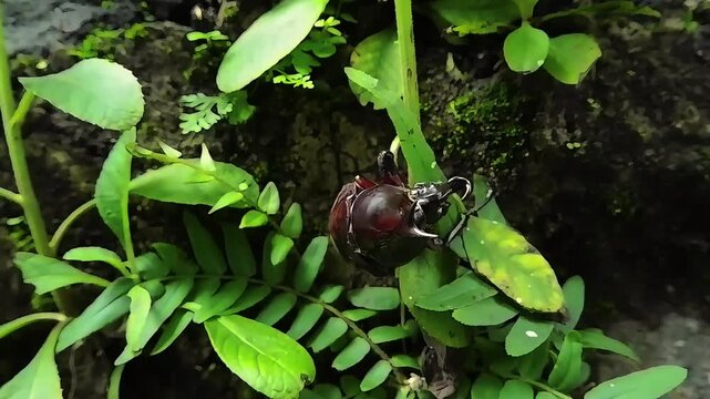A rhinoceros beetle is clinging to a green plant, its claws gripping the leaves in a natural environment