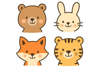 Obraz premium Cute cartoon animal faces set including bear rabbit fox and tiger heads