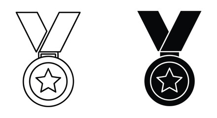 Outline and solid style award medal icon set with a star, symbolizing victory, achievement, recognition, and success.