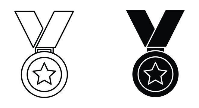 Outline and solid style award medal icon set with a star, symbolizing victory, achievement, recognition, and success.