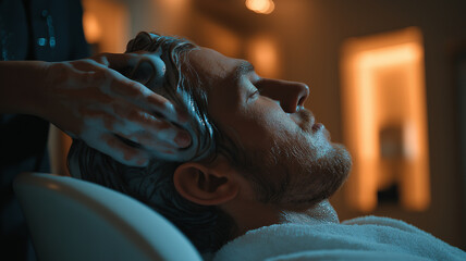 A man relaxes in a salon chair as he enjoys a soothing hair wash Generative AI