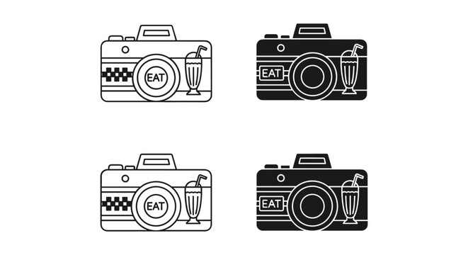 Food photography camera icons set with 'eat' text and milkshake symbols, available in outline and solid styles