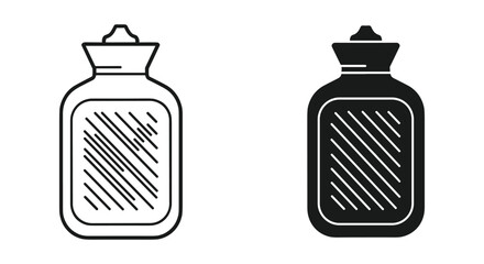 Hot water bottle icon set: outline and solid black silhouette symbols for warmth, comfort, and pain relief