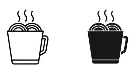 Simple outline and solid glyph icon of hot ramen noodles in a cup, perfect for food apps, menus, and branding.