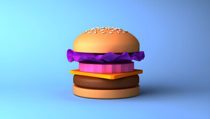 Minimalist 3D digital art of a cartoon cheeseburger with bright, unconventional colors, isolated on a simple blue background, Generative AI