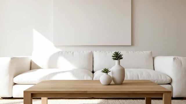 Minimalist living room with white sofa and wooden coffee table.