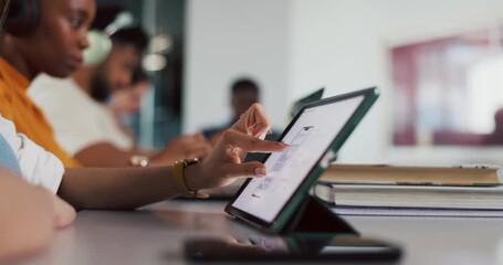 Tablet, hands and student in classroom scrolling at university for research with studying for exam. Digital technology, reading and woman with online textbook for college test or assignment at campus - Powered by Adobe