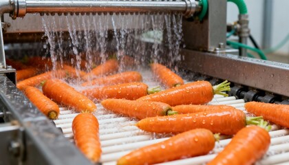 Fresh carrots being washed in a modern processing facility, showcasing the cleaning process with water spraying over vibrant orange vegetables, emphasizing agricultural efficiency and hygiene