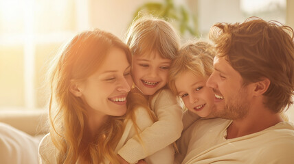 Obraz premium Young family enjoys quality time together, sharing smiles and laughter in their cozy living room Generative AI