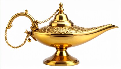 Golden genie lamp with ornate detailing and curved spout on white background, symbol of wishes and folklore.
