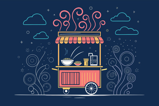 Vibrant street food cart, steaming hot noodles, neon signs, bustling city night, aromatic steam, detailed, atmospheric, urban, culinary delight.