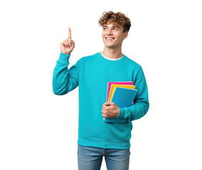 Academic teen lifting finger looking up with hopeful smile while holding notebooks, supporting tutoring services or study planners and back to school reminders in high school college communication