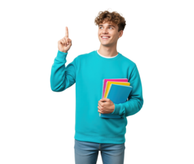Academic teen lifting finger looking up with hopeful smile while holding notebooks, supporting tutoring services or study planners and back to school reminders in high school college communication