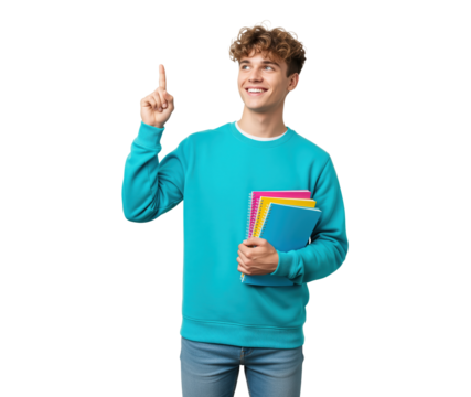 Academic teen lifting finger looking up with hopeful smile while holding notebooks, supporting tutoring services or study planners and back to school reminders in high school college communication