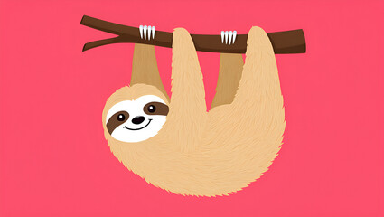 Fototapeta premium Charming Cartoon Sloth Hanging from a Tree Branch with a Friendly Smile Against a Vibrant Pink Background, Generative AI