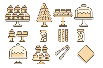 Stylized set of sweet pastries dessert items including cupcakes and cake stands