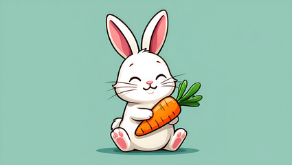 Cheerful Bunny with Carrot Illustration Adorable White Rabbit Smiling and Holding a Fresh Carrot, Generative AI