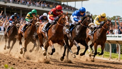 Exciting horse race featuring jockeys in colorful silks, galloping on dirt track with cheering crowd in the background, capturing the thrill of competitive equestrian sport