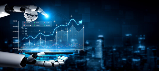 A robotic hand presents a glowing financial graph, showcasing a positive trend in data analytics amidst a futuristic cityscape, symbolizing innovation and advancement. Scalp
